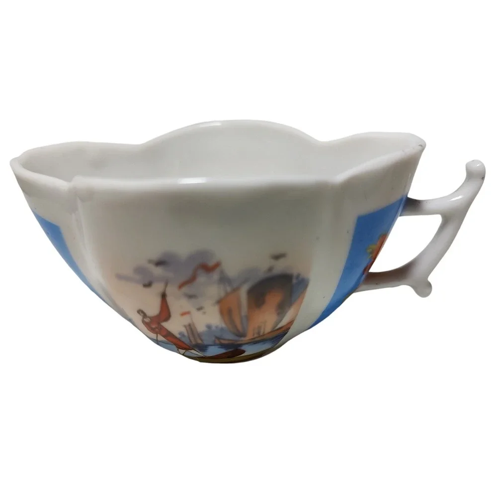Antique Dresden Demitasse Cup Hand Painted Blue Water Scene‎ Floral Quarterfoil